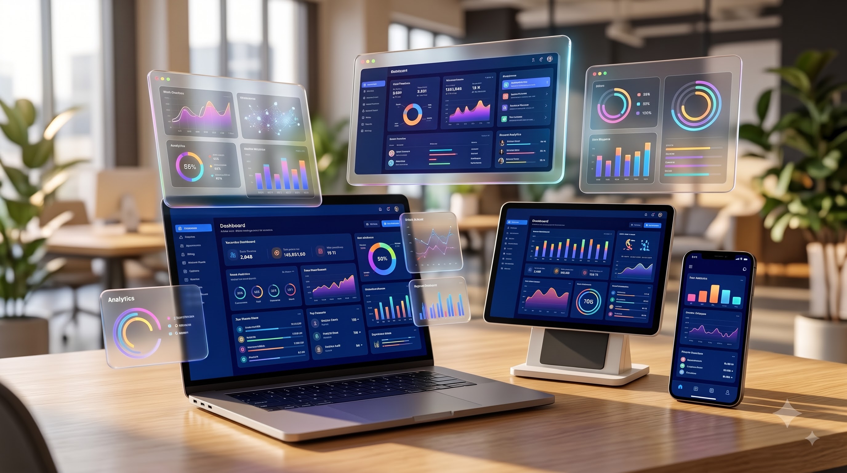 Laptop, tablet, and phone showing business dashboards
